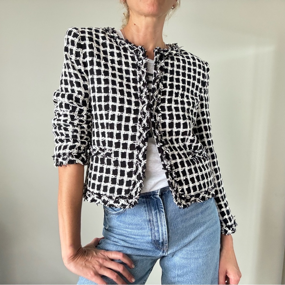 Alice + Olivia Kidman Tweed Jacket Size M – Black White Check Open Front Blazer